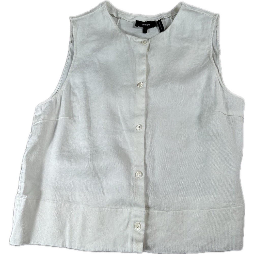 Theory Womens White Linen Viscose Blend Sleeveless Button Down Shell Top Large